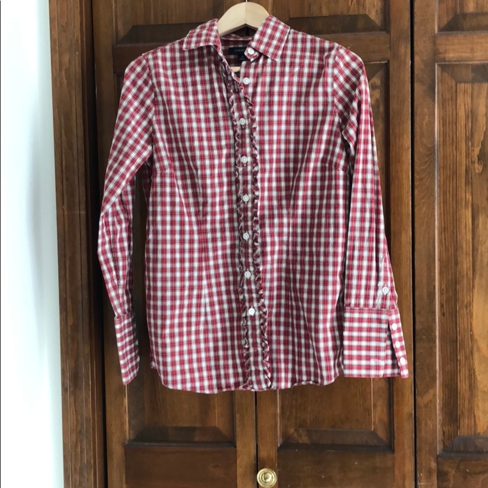Lands End Red Plaid Ruffle Button down shirt